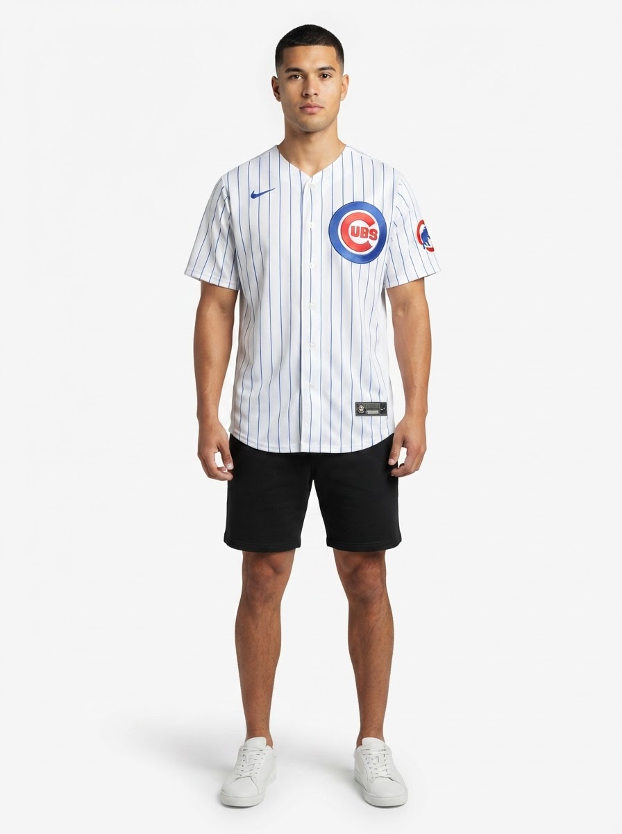 Jersey MLB Chicago Cubs Home Torcedor Masculina Listrada Branca Yan Gomes 15