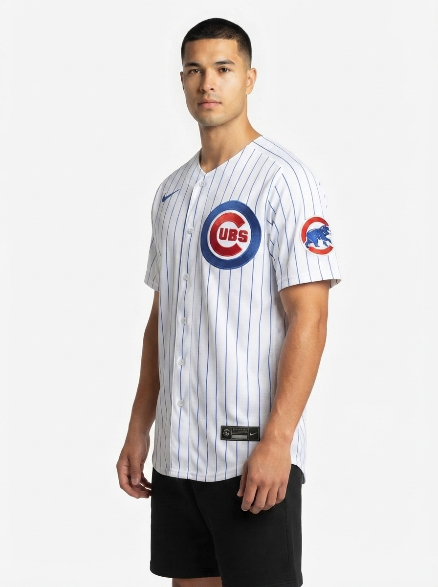 Jersey MLB Chicago Cubs Home Torcedor Masculina Listrada Branca Yan Gomes 15