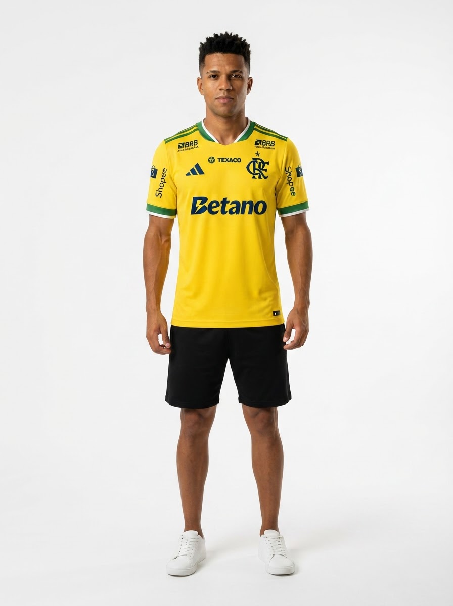 Camisa Masculina Flamengo Brasil 2026 - Amarelo+Verde sponsor