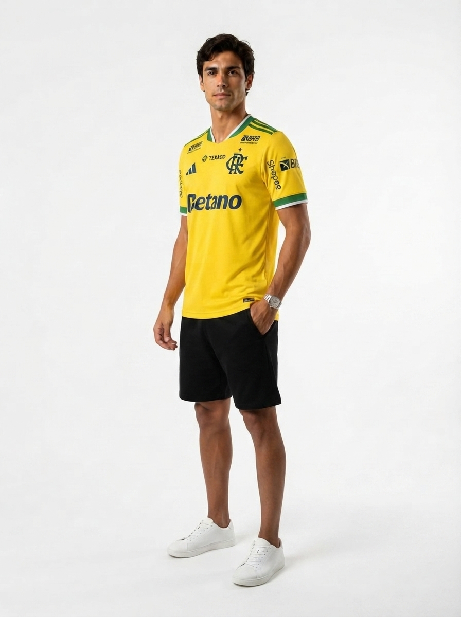 Camisa Masculina Flamengo Brasil 2026 - Amarelo+Verde sponsor