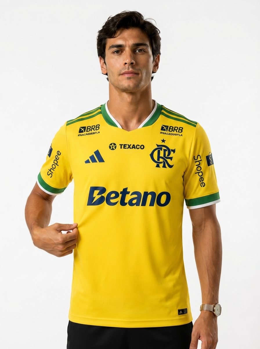 Camisa Masculina Flamengo Brasil 2026 - Amarelo+Verde sponsor