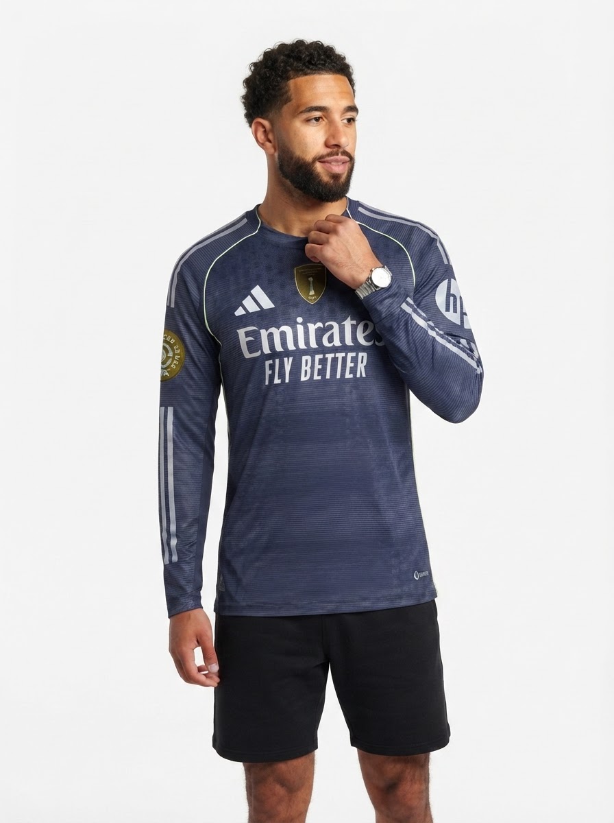 Real Madrid Away Long Sleeve Fan Jersey 2025/26 - Patch 2025 Club World Cup + FIFA Intercontinental Champions