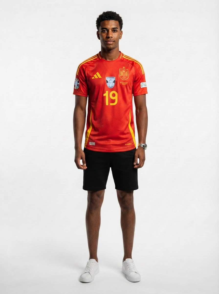 Spain Lamine Yamal 19 Home Fan Jersey 2025/26 Euro 2024 & Foundation Tournament Patches (Official Printing)