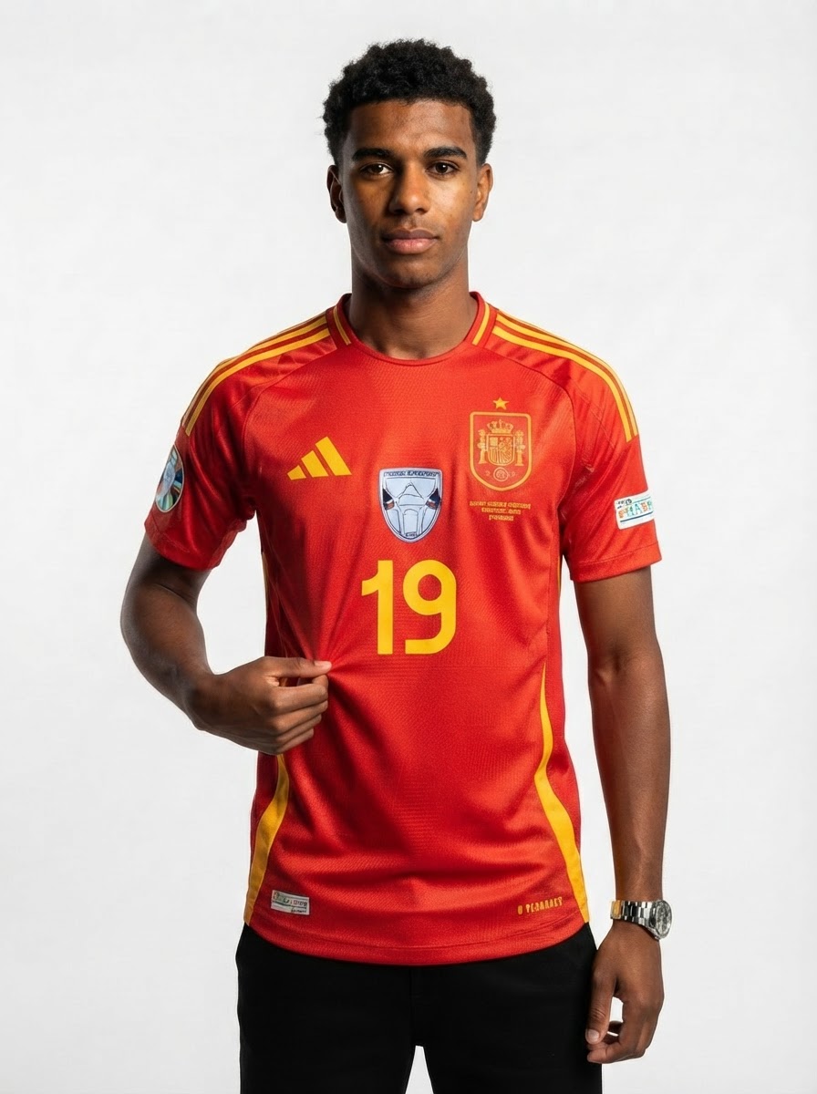 Spain Lamine Yamal 19 Home Fan Jersey 2025/26 Euro 2024 & Foundation Tournament Patches (Official Printing)