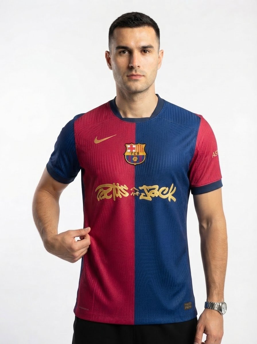 Barcelona Travis Scott Home Fan Jersey 2025/26 Spotify and FC Barcelona Collab With Travis Scott on a Special Cactus Jack