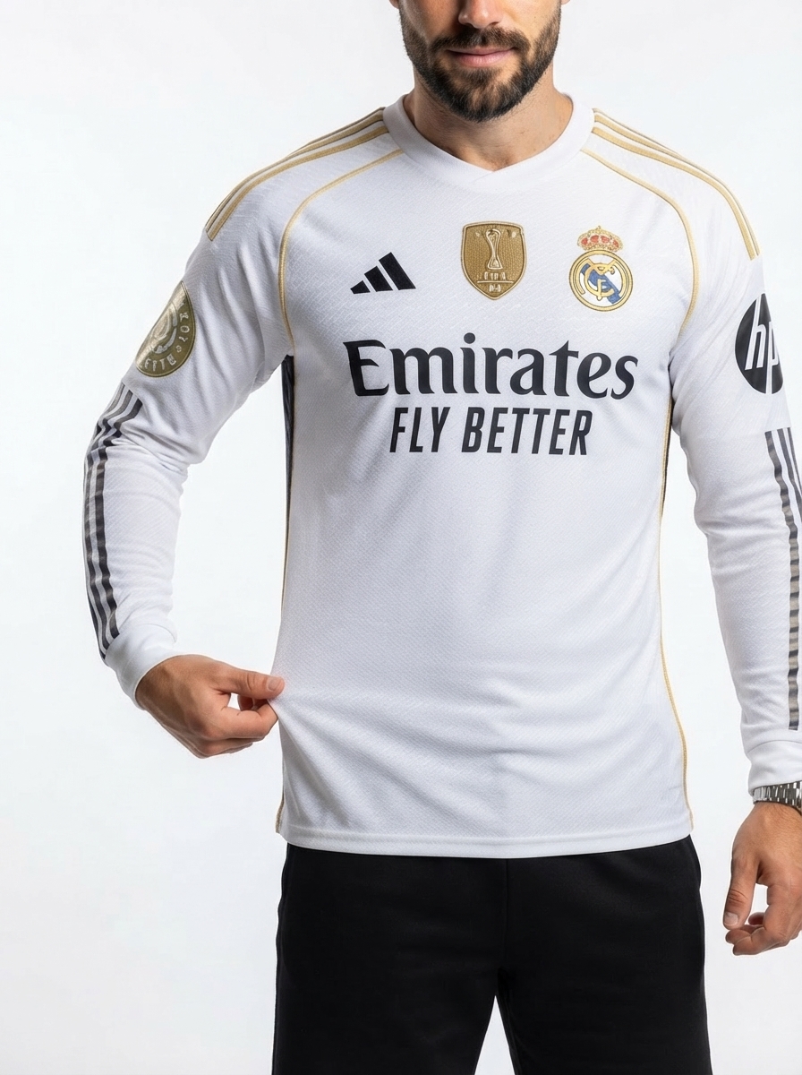 Real Madrid Home Long Sleeve Fan Jersey 2025/26 - Patch 2025 Club World Cup + FIFA Intercontinental Champions